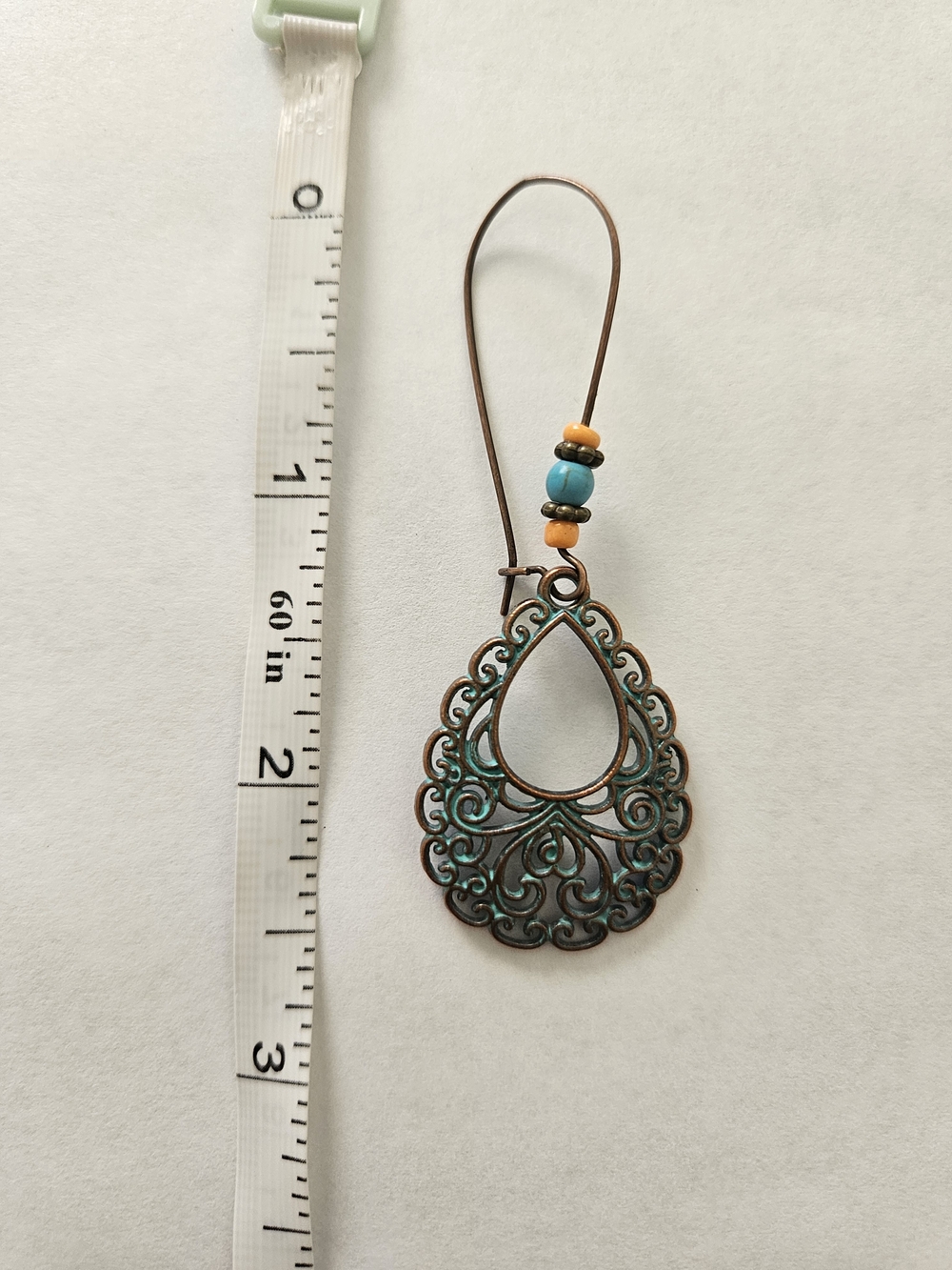 NWT Bohemian Turquoise Patina Teardrop Filigree Earrings Brown Blue Lightweight - Picture 3 of 4